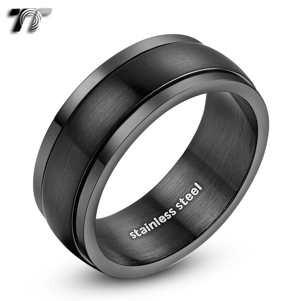 Mens TT 8mm Black Brushed Finished Stainless Steel Spinner Ring Size 6-15 (R10D) - Image 1 of 1