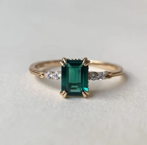 Lab Created Green Emerald Solitaire Anniversary Ring in 14KT Yellow Gold Plated - Picture 1 of 6