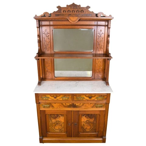 Antique Victorian Marble Top Burl Walnut Sideboard #21711 Cover