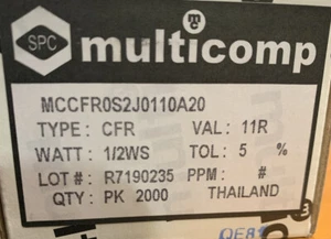 Multicomp MCCFR0S2J0110A20 Widerstand, CFR, 0,5W, 11Ω, (2000 Stück = 1 Posten) - Bild 1 von 2