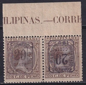 Spain Filipinas 1898 Edifil 130J pair one overprint inverted CERT CEM superb MNH - Picture 1 of 3
