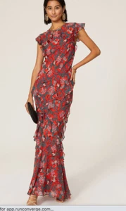 SALONI Tamara B Maxi Dress Gown in Ruby Jungle Monkey Silk Ruffle Flaw Size US 4 - Picture 1 of 24