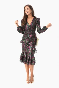 SALONI Schwarz Regenbogen Metallic Lurex Seide ALYA Rüschen Stufen Kleid 2US 6UK XS 🖤 - Bild 1 von 12