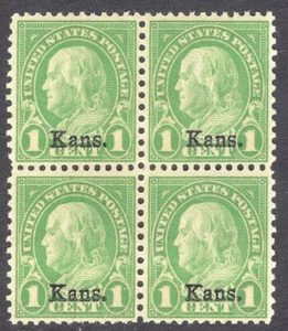 #658 VF MNH OG-1¢ FRANKLIN KANSAS OVERPRINT-Great looking Block of four (#658-8) - Picture 1 of 2