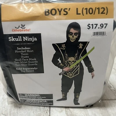 骷髅忍者全套服装男孩尺寸 L (10/12) 金色角色扮演装扮万圣节 — 第 1/4 张图片