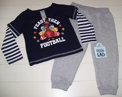 Little Lad 2 Pc Feast Then Football Turkey Shirt Pants Thanksgiving Outfit 24M - Image 1 of 4