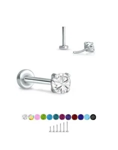 Threadless Labret Push Pin Nose Ring Steel Helix Stud 2.5mm Prong CZ 16G 18G 20G - Picture 1 of 14