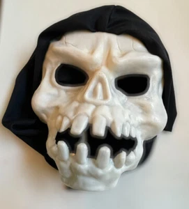 Halloween Moulded Skeleton Mask GLOWS In Dark Black Hooded Skull Fitted Elastic - Picture 1 of 6