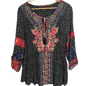 Calessa Women’s Embroidered Floral Mixed Print Polka Dot Tunic Top 2X Boho NEW