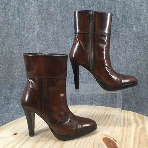 ZARA Boots Womens 36 Casual Side Zip High Heels Bootie Brown Leather Cap Toe - Picture 1 of 14