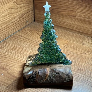 Handmade Fused Art Glass Woodland Christmas Tree with Live Edge Wood Base - Picture 1 of 9