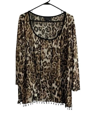 Blusa Colección Dressbarn Mujer Talla 20 Negra Tostada Leopardo Cuentas Dobladillo EE. UU. Foto 1 de 4