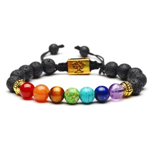 Natural 7 Chakra Tree Of Life Charm Lava Stones Multicolor Bead Rope Bracelet - Picture 1 of 9