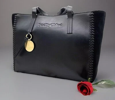 AUTH NWT $695 See By Chloe Women’s Tilda Mix Leather Suede Tote Shopper In Black - Image 1 of 4