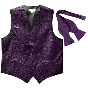 New Men's paisley Tuxedo Vest Waistcoat & Free Style Self-tie Bowtie dark purple - Picture 1 of 4