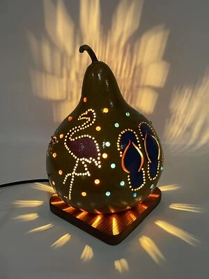 Lámpara de Mesa Calabaza Pintada a Mano Playa Tema Sandalias Tortuga Flamenco Palmeras Sol 10.5 Foto 1 de 4