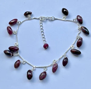 925 Silver 7.25-8" & Ruby Bead Charm Bracelet with Spring Ring Clasp - Picture 1 of 5