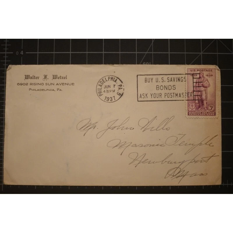 Walter F Wetzel Philadelphia PA 1937 corner to Masonic Temple Newburyport MA #77 - Image 1 of 1