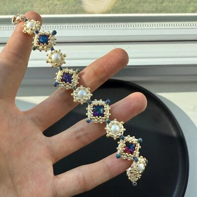Pulsera de cuentas estilo victoriano hecha a mano delicada joyería nupcial púrpura/azul Foto 1 de 4