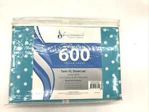 Twin XL Sheet Set, 600 TC 55% Cotton 1 Flat Fitted, 1 Pillow Case POLKA DOT AQUA - Picture 1 of 2