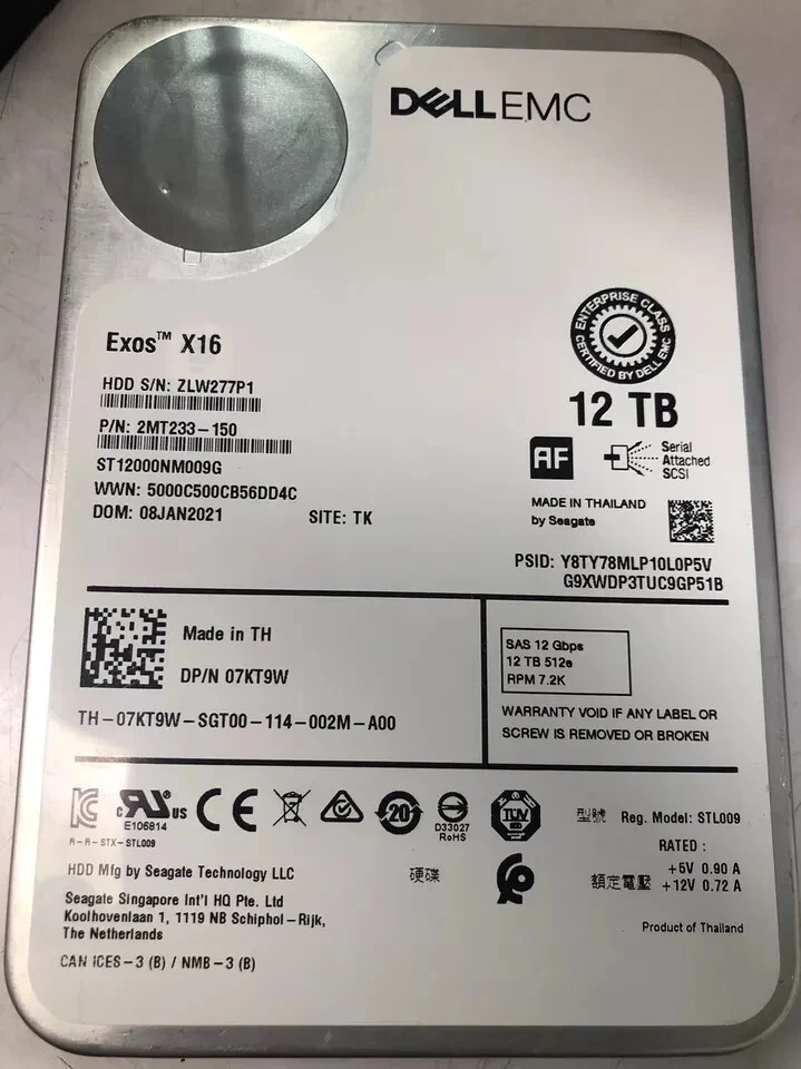 EMC Exos X16 12TB 3.5" Hard Drive ST12000NM009G 7.2K 2MT233-150 7KT9W Dell - Image 1 of 1