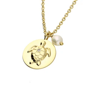 De la Suerte Sólido 925 Plata Ley 24k Oro Chapado Tortuga Perla Colgante Collar - Imagen 1 de 1
