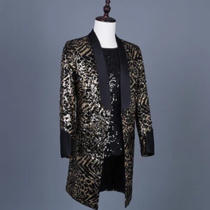 Men Sequin Long Jacket Tuxedo Coat Formal Suit Blazer Showman Costume Party Prom - Picture 1 of 8