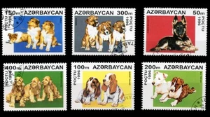 PUPPY Dog Postage Stamp Set 6 Azerbaijan 1996 Used Bull Terrier GSD Boxer Cocker - Foto 1 di 1