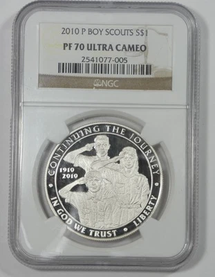 2010-P Boy Scouts Centennial Silver Commemorative $1 NGC PROOF 70 ULTRA CAMEO - Image 1 of 4