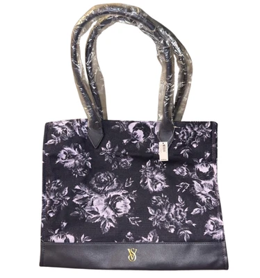 Victoria's Secret Tote Bag Lilac Purple Blue Floral Canvas Faux Leather - NEW - Image 1 of 4