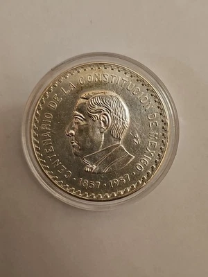 1957 10 Pesos Silver .900 JUAREZ Conmemorative Coin Mintage 100.000 - Image 1 of 2