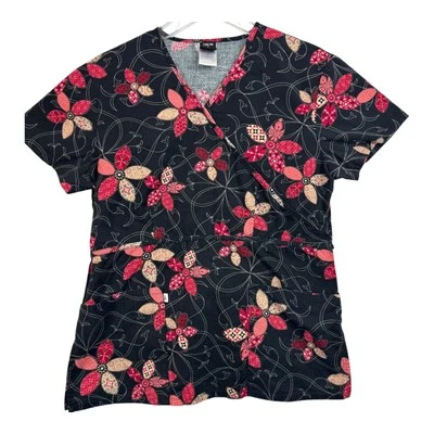 Cherokee Studio Scrub Top Small Tie Back Black With Red Flowers Has Pockets A63 - Image 1 of 4