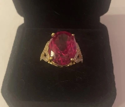 10.56 Lab Grown Padparaschia 蓝宝石,54 白色锆石 18K 金色银色 7 码 — 第 1/4 张图片