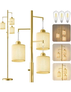 Lámpara de Pie Boho 72" Alto, Lámpara de Pie Regulable con Ratán Artesanal Beige - Imagen 1 de 8