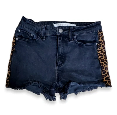 Tinseltown Black Denim Shorts Brown Leopard Side Stripe Juniors Size 9 Punk Rock - Image 1 of 4