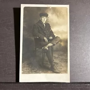 AZO RPPC c 1904-18 Studio Portrait Man wearing leather gloves Photo Postcard UNP - Picture 1 of 3