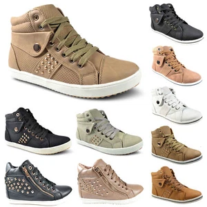 Ladies High Top Trainers Comfy Casual No Heel Canvas Sneakers Shoes UK Size 3-8 - Picture 1 of 65