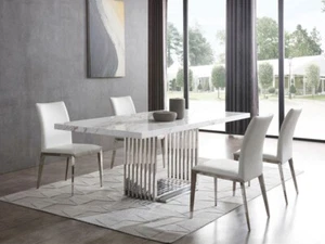 NEW Stainless Steel White Marble Table & Chairs Furniture - 7pcs Dining Set CVL - Picture 1 of 2