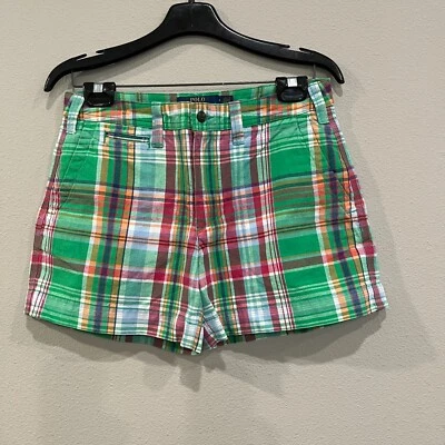 Polo Ralph Lauren Chino Pantalones Cortos Mujer 4 Verde Preppy Cuadros Mezcla Lino Playa Foto 1 de 4