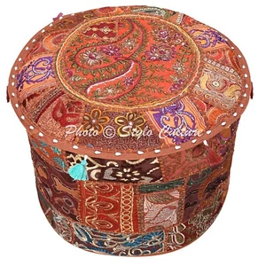 Indian Vintage Embroidered Patchwork Ottoman Pouf Brown Footstool Ethnic Decor - Picture 1 of 5