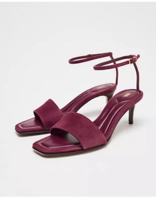 Sandalias Zara Gamuza Tacón Medio Borgoña Rojo Talla 7.5 Nuevas con Etiquetas Foto 1 de 4