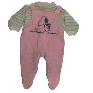 VTG 90s Snoopy Footie Romper 6M Terry Cloth Pink Overalls Woodstock Retro READ - Picture 1 of 8