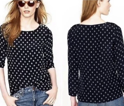 Blusa Top J Crew Estampado Ancla Náutica Seda Talla 0 00 Azul Marino Botón Detalle Hombro Foto 1 de 4