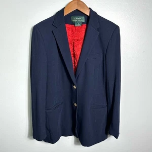 LAUREN Ralph Lauren Navy Office Work Blazer Size 8 Red Interior Gold Button - Picture 1 of 16
