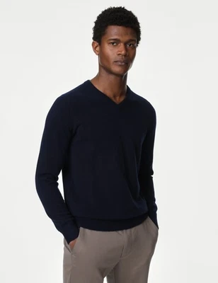 Marks & Spencer Mens Navy Cashmere V-Neck Long sleeved Men Jumper - M&S