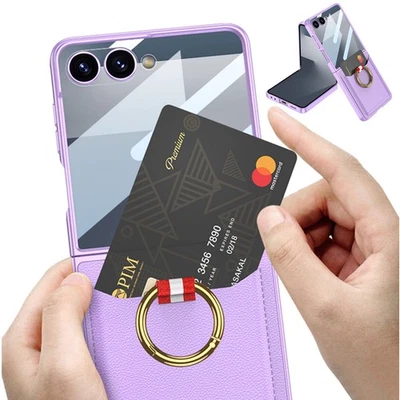 Funda con soporte para anillo de tarjeta de cuero para Samsung Z Flip 7 2025 con protector de pantalla  Foto 1 de 4