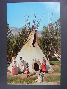 Indian Family Headdress Children Teepee Drum Color Chrome Vintage Postcard 1950s - Picture 1 of 2