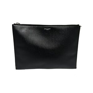 Auth SAINT LAURENT PARIS Mini Zip Tablet Sleeve 397294 Black Leather Clutch Bag