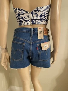 NWT LEVIS  501 BUTTON FLY RAW HEM DARK BLUE HIGH RISE DENIM JEAN SHORTS SZ 28 - Picture 1 of 5
