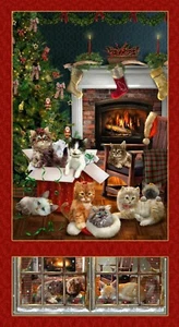 Henry Glass ~ Fireside Kittens Cats Christmas ~ 100% Cotton Quilt Fabric Panel - Picture 1 of 1